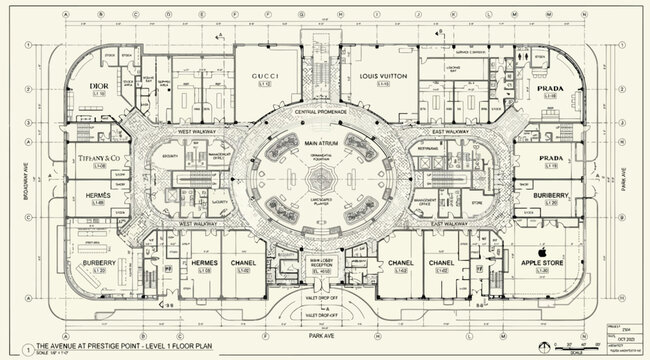 Architectural floor plan of a luxury retail shopping center with central atrium and boutique storefronts