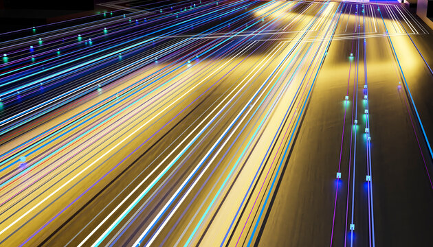 Futuristic neon lines representing data flow in a 3d render