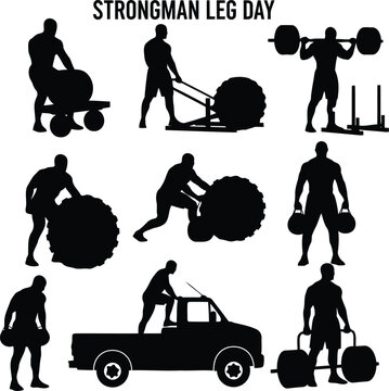 Strongman Leg Day Fitness Silhouette Set with Weight Training, Squats, Deadlift, and Gym Workout Poses