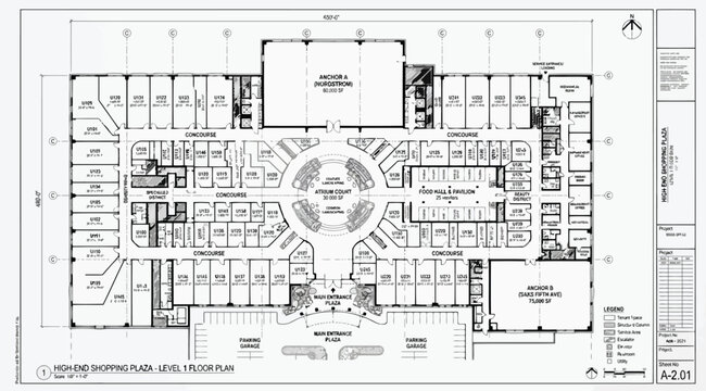 Detailed architectural floor plan of a large commercial building or shopping mall complex
