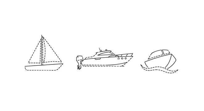 Three distinct types of water vessels line art illustration.