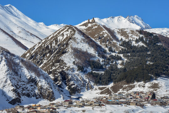Gergeti Trinity Church and Snow-Covered Caucasus Mountains, Georgia