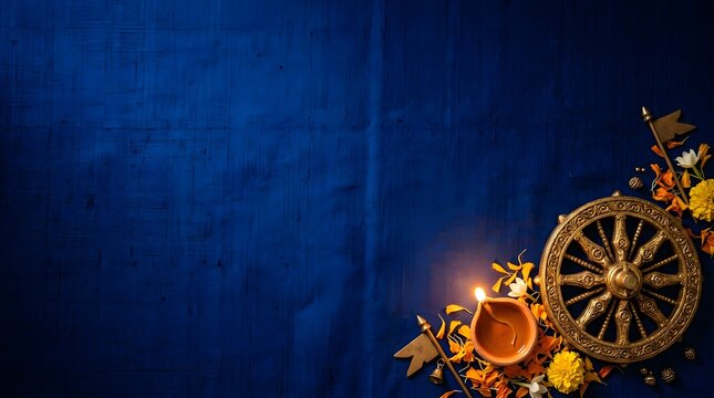 Golden dharmachakra wheel with diya lamp and marigold flowers on blue background
