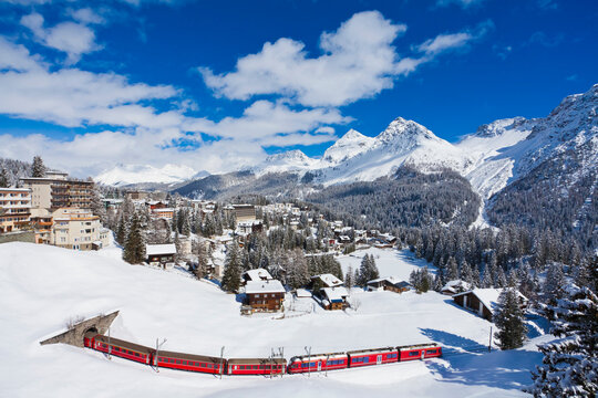 Switzerland,Arosa, Rhaetian railway passing through snow