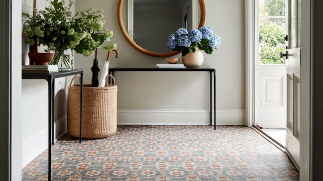 Modern farmhouse entryway with decorative patterned cement tiles and round mirror for interior design foyer background and welcoming home decor