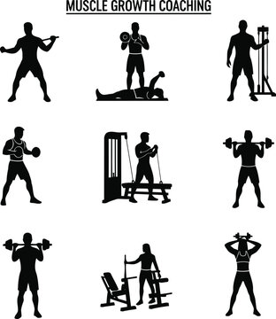 Muscle Growth Coaching Silhouette Set with Weightlifting and Strength Training Exercise Poses