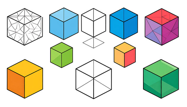 Collection of colorful geometric cubes, isometric wireframe and solid shapes, abstract 3d elements