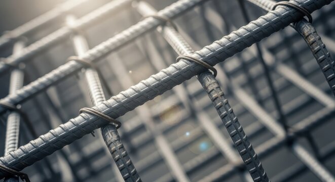Closeup macro abstract shot of steel rebar grid construction material tied with wire