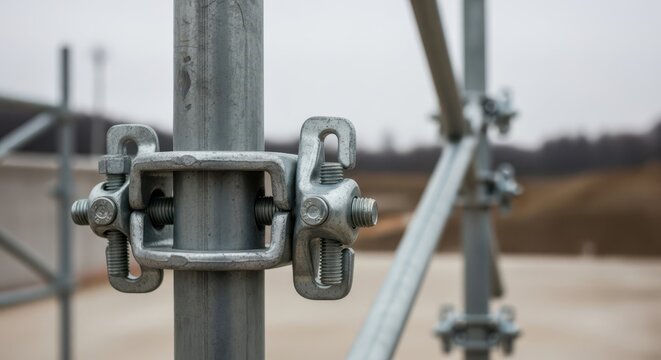 Close-up macro shot of a robust metal scaffolding clamp securing structural poles on a construction site