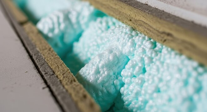 Close-up macro shot of blue expanding insulation foam filling a wooden beam cavity