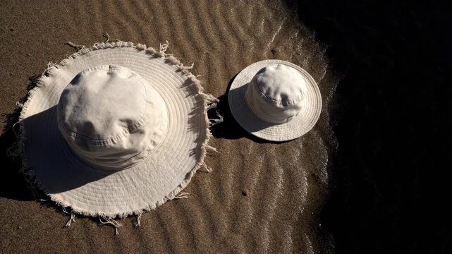 Two white hats on sandy beach. Large frayed brim hat and small bucket hat lying on wet sand. Top view of sun protection accessories during summer vacation time