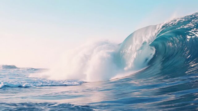 Powerful Ocean Wave with Crystal Clear Blue Water and Dynamic Sea Motion for Clean Marine Nature Background Design
