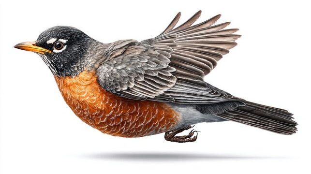 American robin in flight with wings spread against a white background