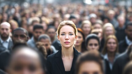 Obraz premium A focused woman stands out in a crowded city scene. This image captures individuality amidst a sea of faces. Ideal for themes of identity and social dynamics. AI