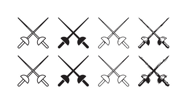 Collection of eight crossed fencing foils or epees, presented in outline, solid, and various sketch styles