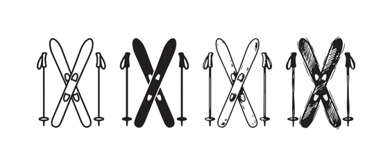 Illustrations of crossed skis with upright poles in four styles: basic outline, solid black, detailed line art, and a textured sketch. © Ірина Гринюк