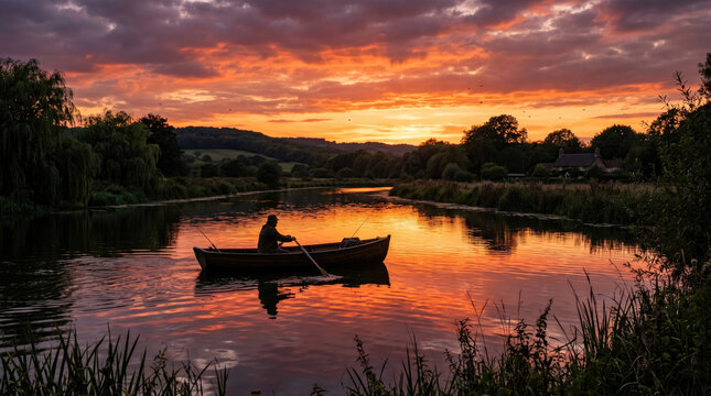 peaceful sunset scene with man fishing on a river