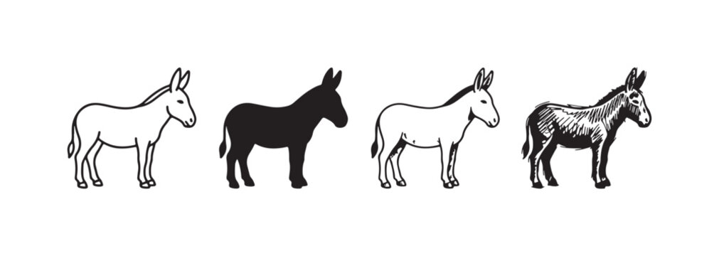 Four black and white donkey illustrations in different styles, including outline, silhouette, and hand-drawn sketches, arranged horizontally on a white background.