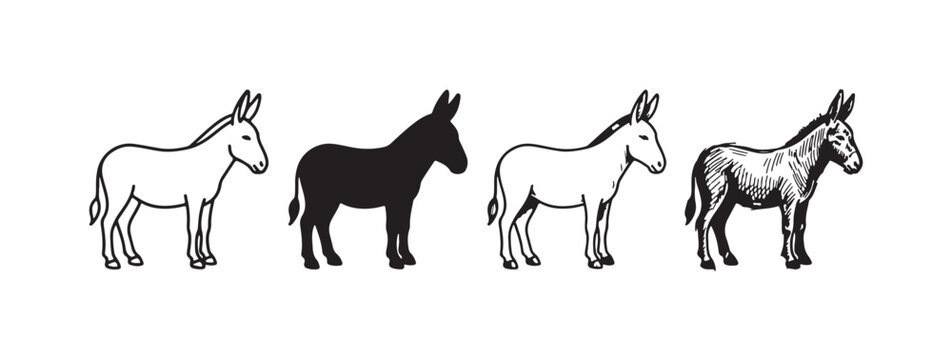 Four black and white donkey illustrations in different styles, including outline, silhouette, and hand-drawn sketches, arranged horizontally on a white background.