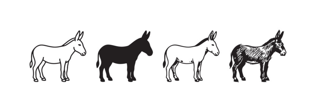Four black and white donkey illustrations in different styles, including outline, silhouette, and hand-drawn sketches, arranged horizontally on a white background.