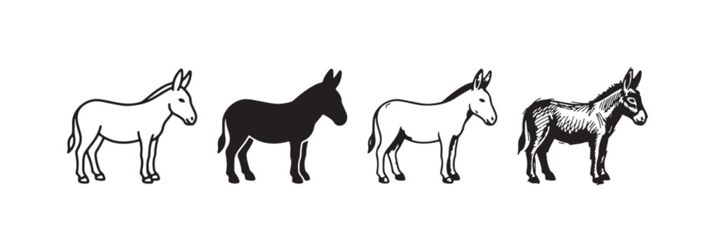 Four distinct artistic styles of a standing donkey, presented as outline, solid silhouette, detailed line art, and sketchy drawing