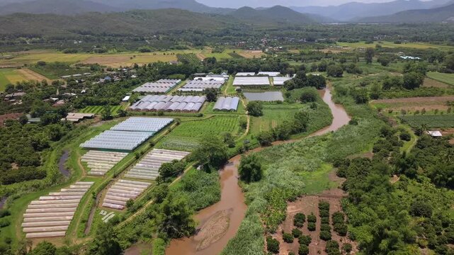 High-angle drone shot tracks over a agricultural valley. Modern greenhouses sit beside a winding muddy river, surrounded by lush fields and misty mountain ranges under a bright sky.