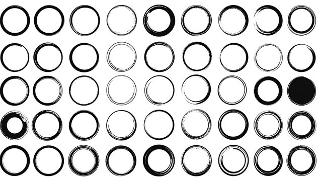Collection of distressed grunge circle frames, varied textures and imperfections, isolated on white background for design elements