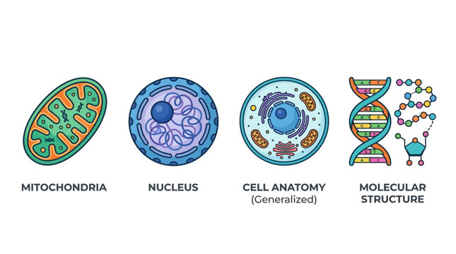 Cellular Biology Icons: Mitochondria, Nucleus, Cell Anatomy, DNA