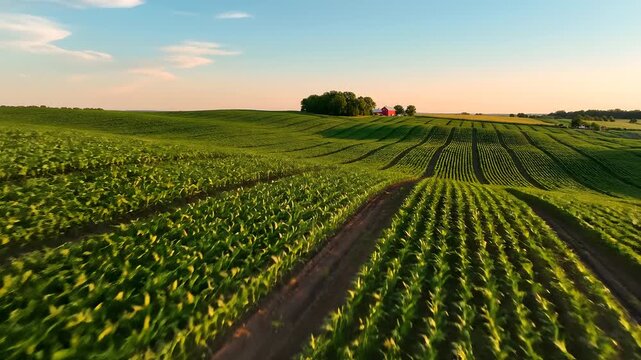Aerial flight over endless rows of young green corn in a rural agricultural landscape with a distant red barn during golden hour
