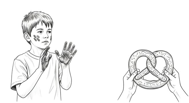 Young boy mimicking pretzel shape with hands illustration.