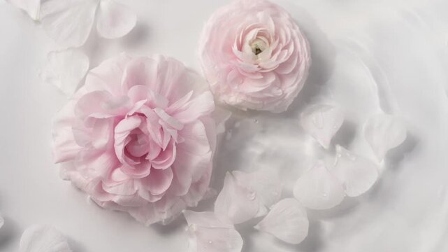 Falling water drops on pink ranunculus flowers create premium spa background for cosmetic advertising, floral composition highlights wellness beauty and hydration inspired branding.