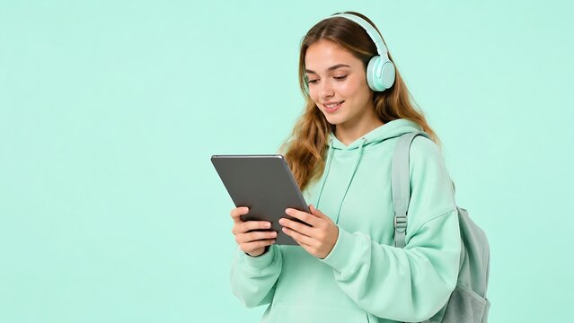 Hopeful university student studying online with tablet and headphones in modern pastel portrait for e-learning marketing campaigns.