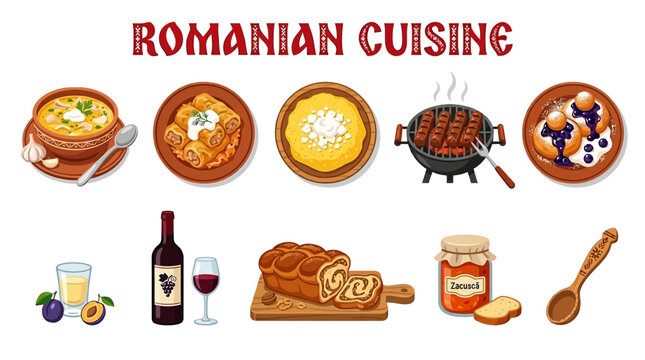 Traditional Romanian Cuisine Assortment with Delicious Dishes and Drinks.