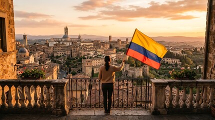 Naklejka premium Woman holding Colombia flag over historic European city at sunset