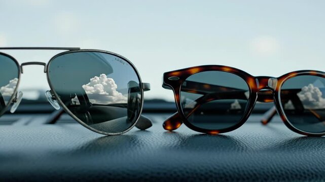 Two pair of eyewear resting on a car dashboard. Reflection of clouds and sky in sunglasses. Accessory placed on vehicle interior for travel and summer concept