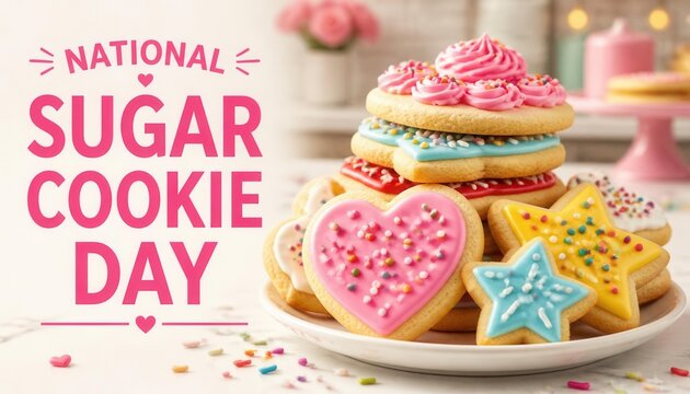 Sweet Celebration for National Sugar Cookie Day: A delightful assortment of vibrantly decorated sugar cookies, including heart and star shapes, stacked high.