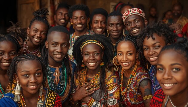 Vibrant African Community Portrait: A lively gathering of people, adorned in colorful, traditional attire, shares infectious smiles and a sense of deep community connection.