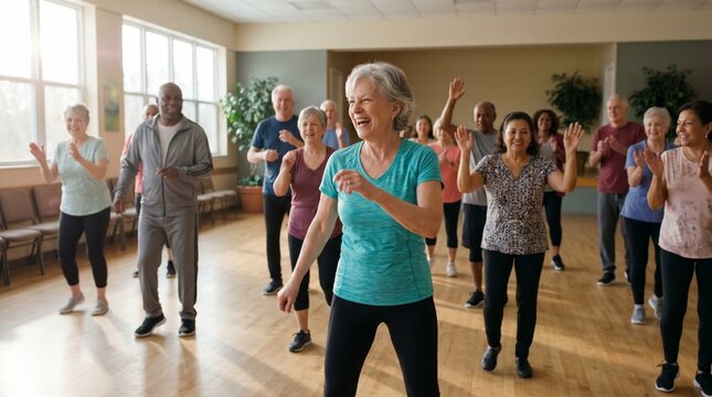 Group of adults participating in a fitness or dance class, senior fitness or active aging class.