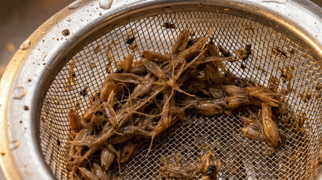 Close up of wet spent brewing grain caught in a stainless steel mesh strainer