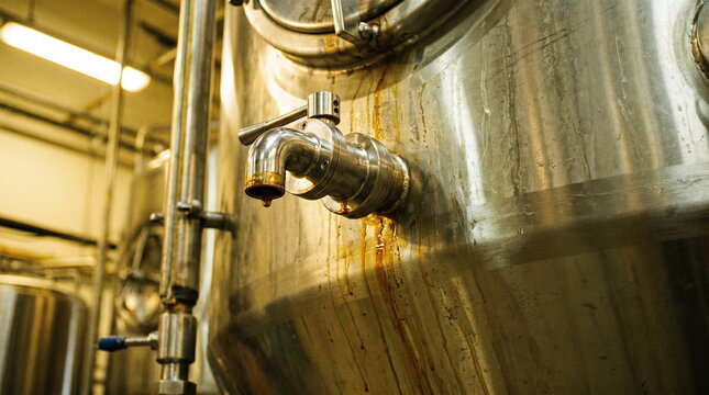Close-up of a stainless steel brewing vessel with a metal spout and sticky brown liquid streaks