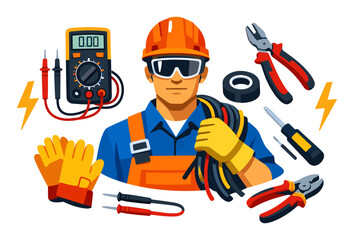Fototapeta premium Professional electrician wearing a safety hard hat and glasses, holding wires, surrounded by electrical tools and equipment