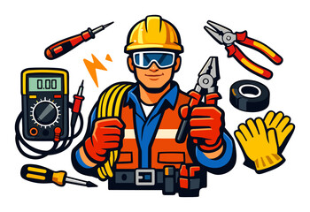 Fototapeta premium Electrician wearing a hard hat and safety glasses, holding electrical wire and pliers, with multimeter, screwdriver, tape, and gloves