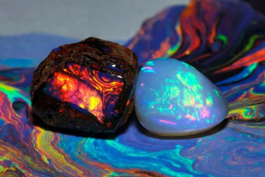 Due opali iridescenti e pietre preziose luminose su sfondo astratto fluido dai colori neon