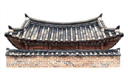 Fototapeta premium Korean traditional brick wall in seoul city road,south korea, sakura or Beotkkot flower in Korean language, Korean hanok roofline,spring season concept.