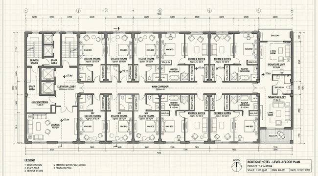 Floor plan of a hotel level with multiple guest rooms and central corridor