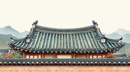 Obraz premium Korean traditional brick wall in seoul city road,south korea, sakura or Beotkkot flower in Korean language, Korean hanok roofline,spring season concept.
