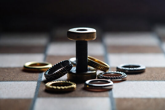 Various metal hardware components like bolts and washers are scattered on a checkered surface.