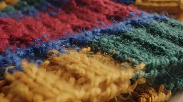 Closeup of colorful textured yarn in stripes of red blue and yellow.