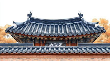 Obraz premium Korean traditional brick wall in seoul city road,south korea, sakura or Beotkkot flower in Korean language, Korean hanok roofline,spring season concept.