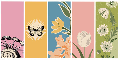 Floral and insect pattern with pastel colored vertical panels © Sabita
